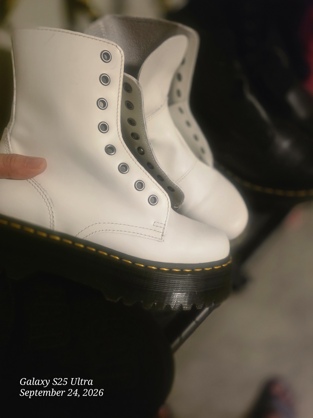 Mend Dr. Martens White Lace-Up Platform Boots with Yellow Stitching
